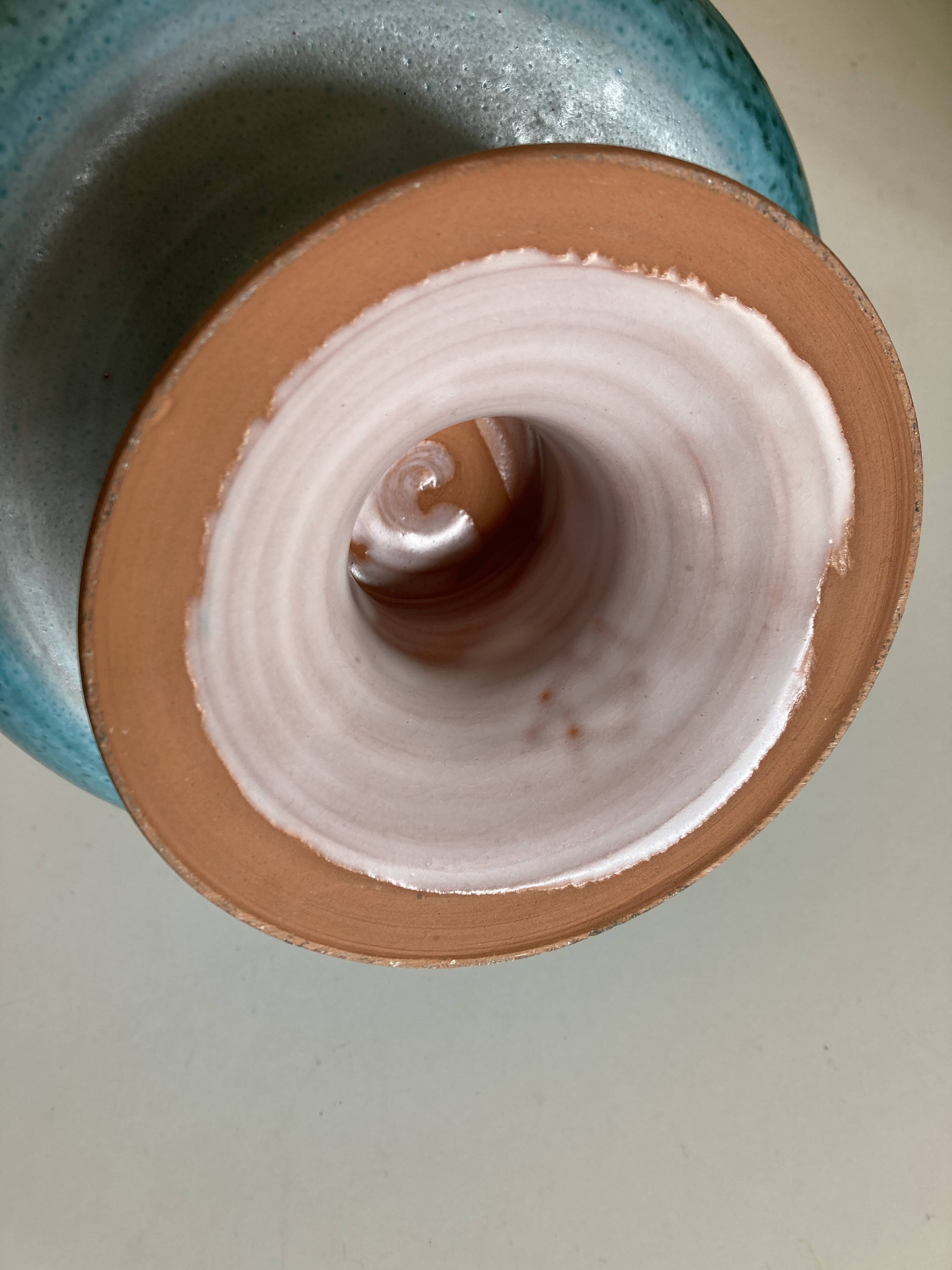 Ceramic turquoise centerpiece on foot Vallauris terracotta mid century