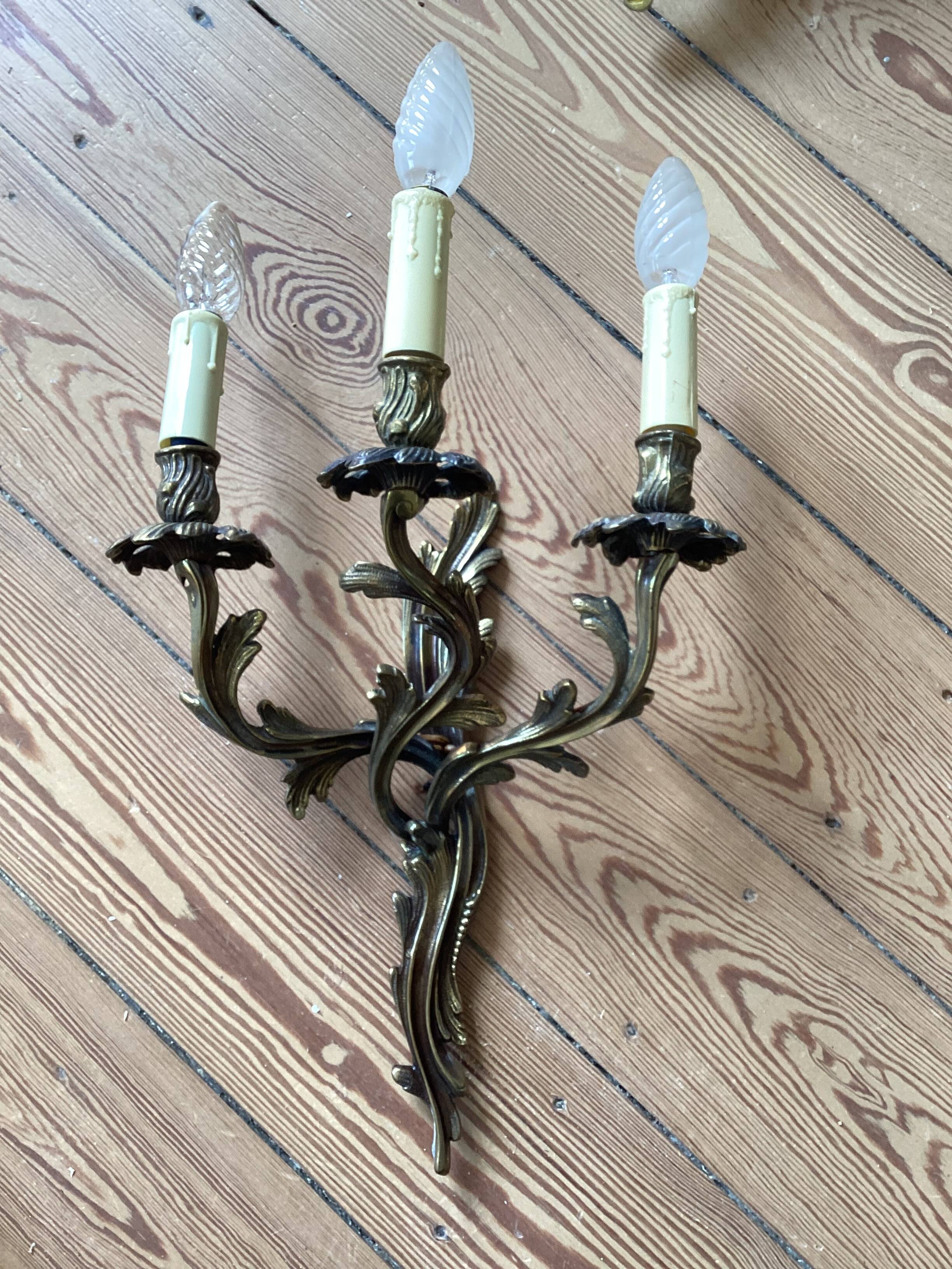Pair of 3-Arm Wall Sconces – Louis XV / Rococo Style – Gilded Metal