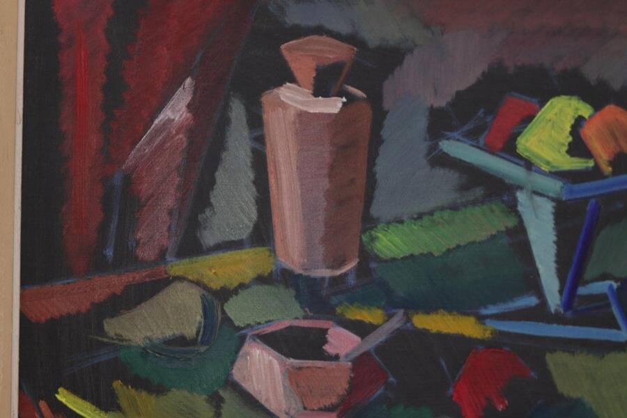 Original mid-century Swedish oil on canvas – “Kubisk Still Life” by Bror Göransson – vintage & framed – 75 × 64 cm (29.5" × 25.2")