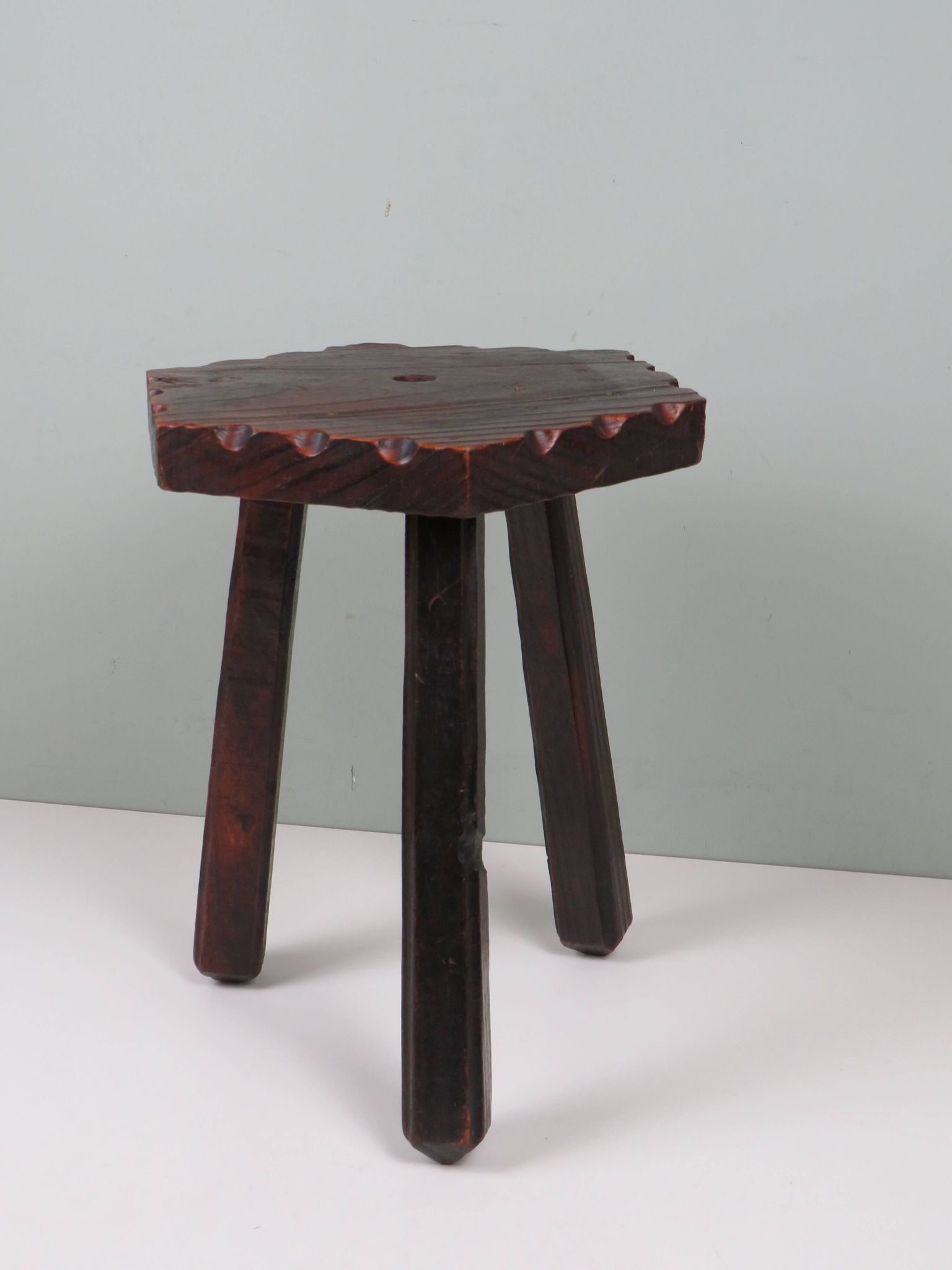 Rustic Spanish handcrafted stool in solid wood, 20th century