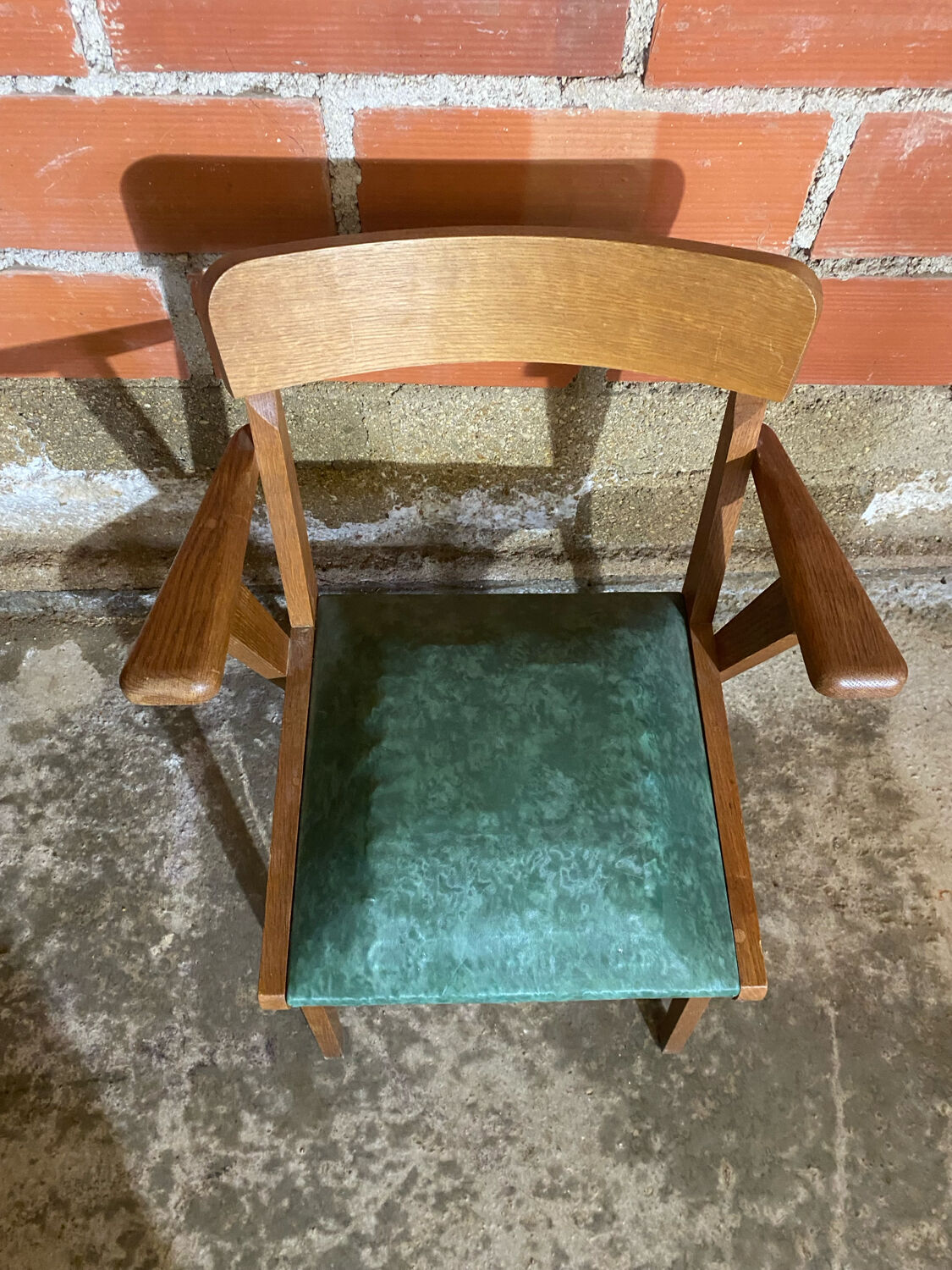 Fauteuil Bridge Ancien Pieds Compas & Skaï Vert Années 1960 Vintage #D