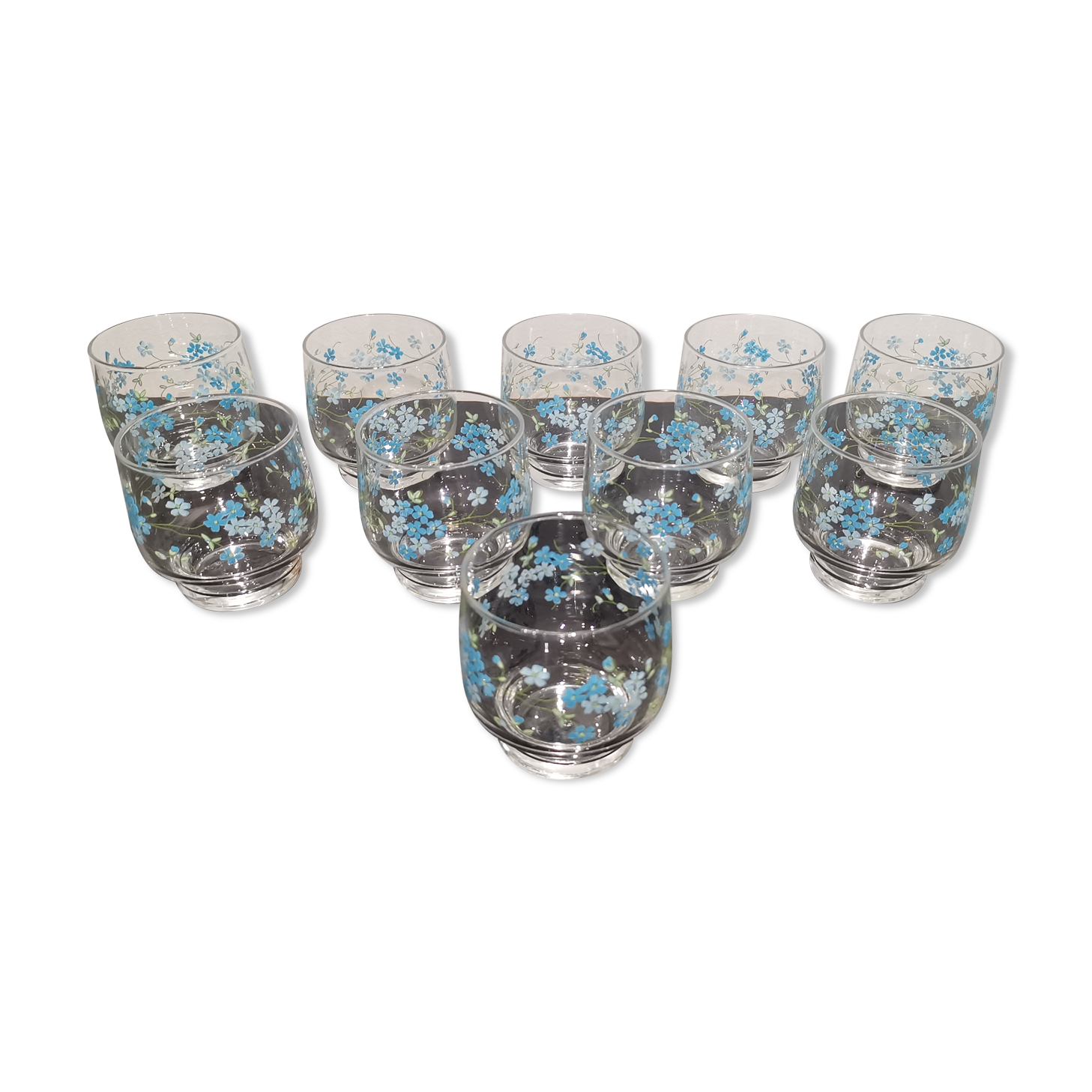 Set of 10 water glasses Veronica Luminarc Arcoroc decoration small blue flowers 80's