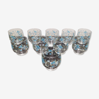 Lot de 10 verres à eau Veronica Luminarc Arcoroc décor petites fleurs bleues 80's