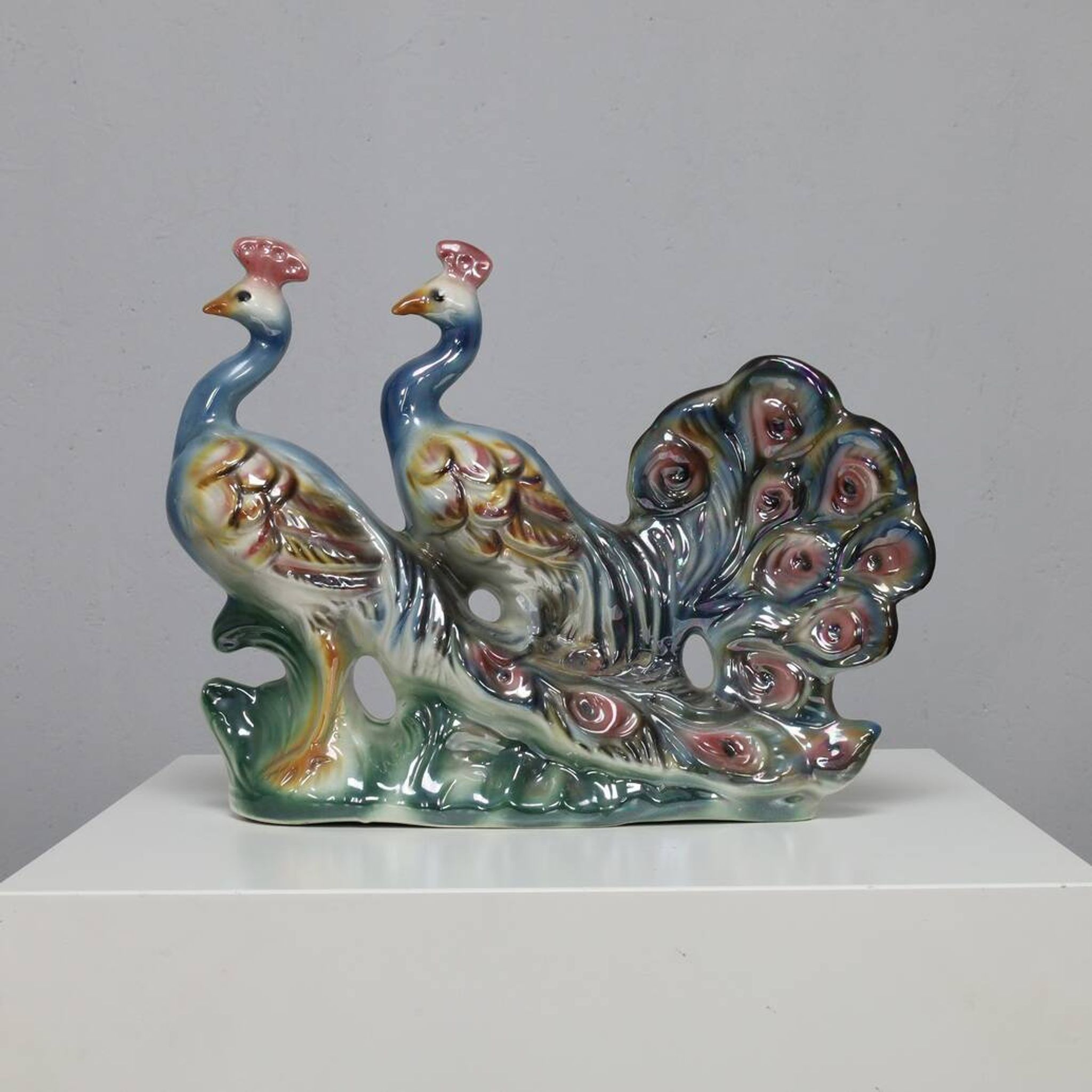 Italian Ceramic Sculpture with two Peacocks, 1960s hand-painted