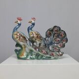 Italian Ceramic Sculpture with two Peacocks, 1960s hand-painted