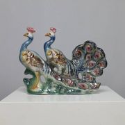 Italian Ceramic Sculpture with two Peacocks, 1960s hand-painted