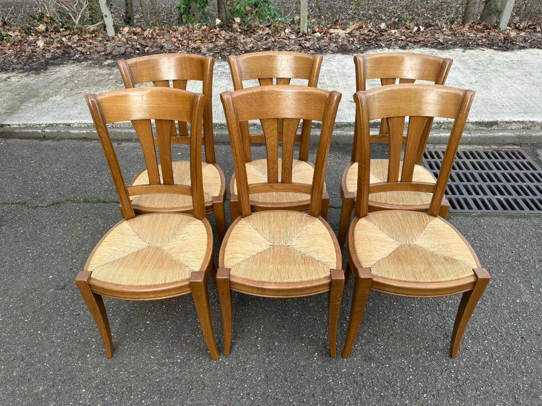 6 Louis XVI Directoire style chairs from the 20th century with rush seats.