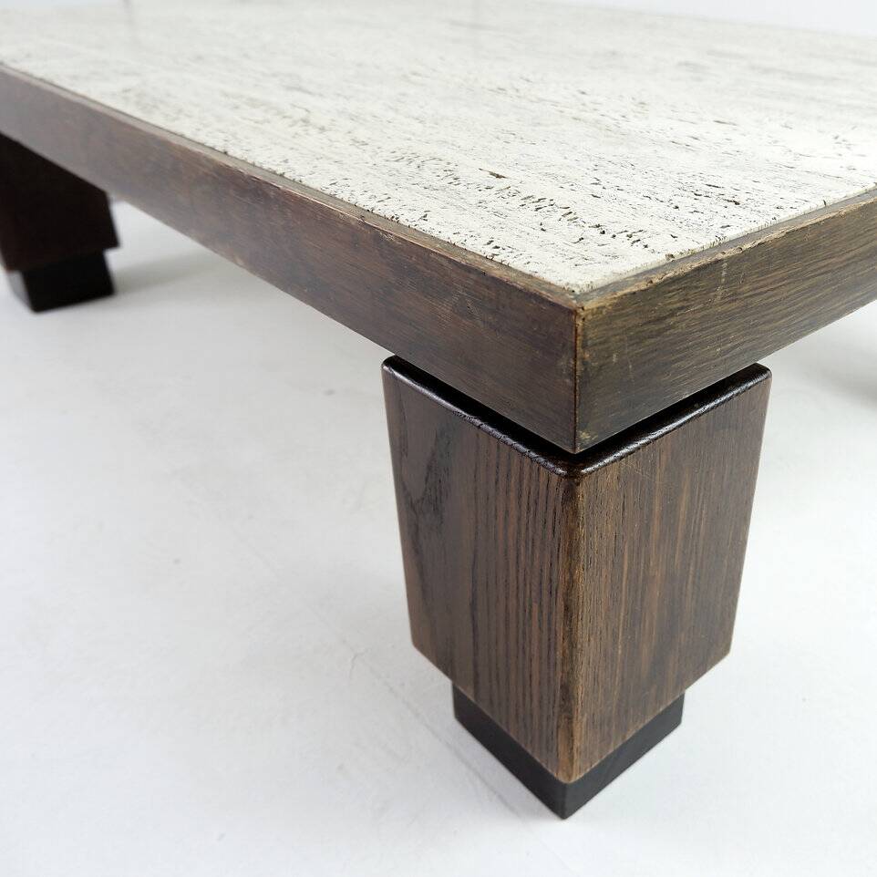 Wood and travertine top large coffee table