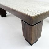 Grande table basse en bois et travertin