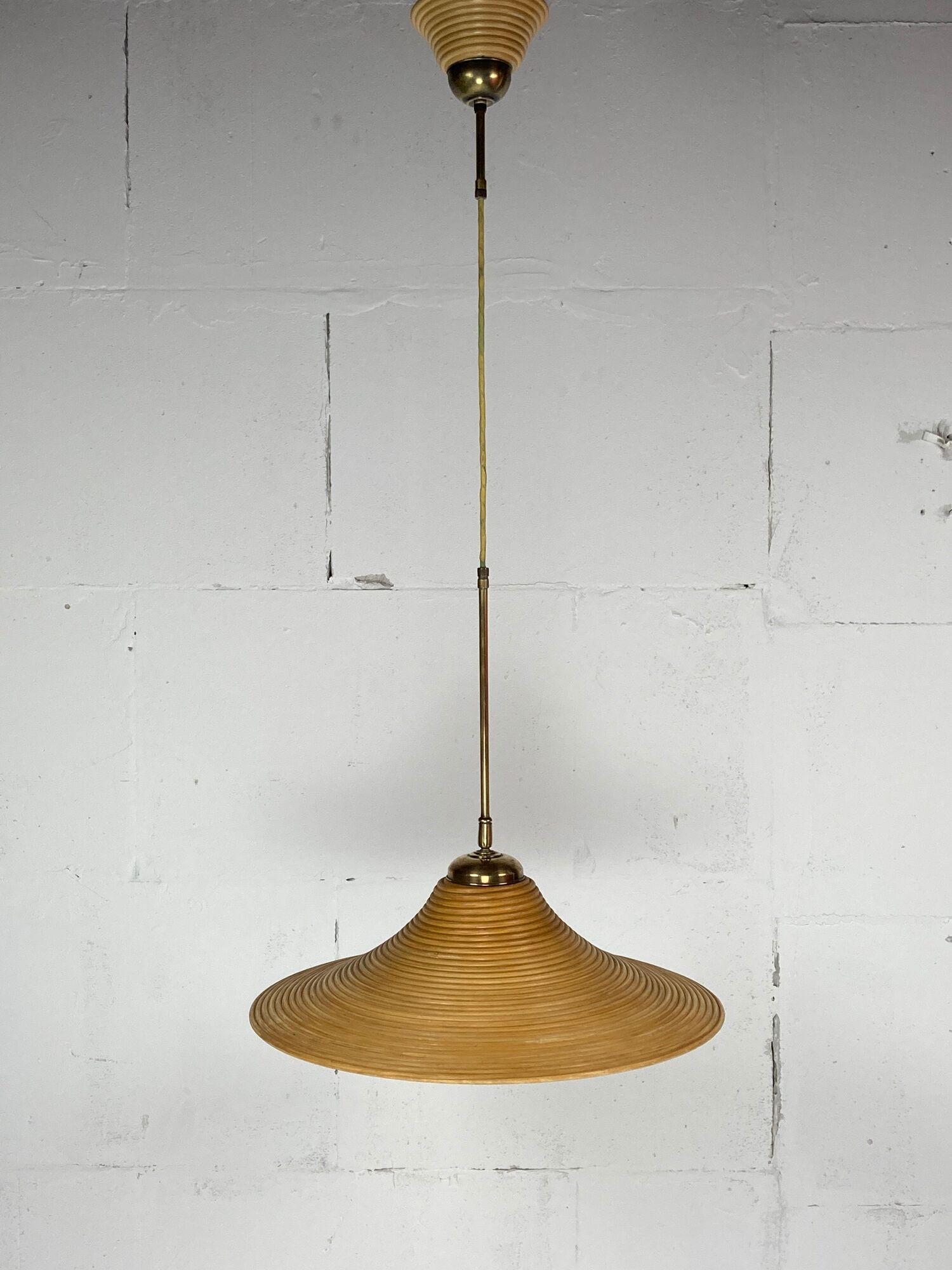 Pair pencil reed rattan bamboo and brass pendants, Italy 1970s