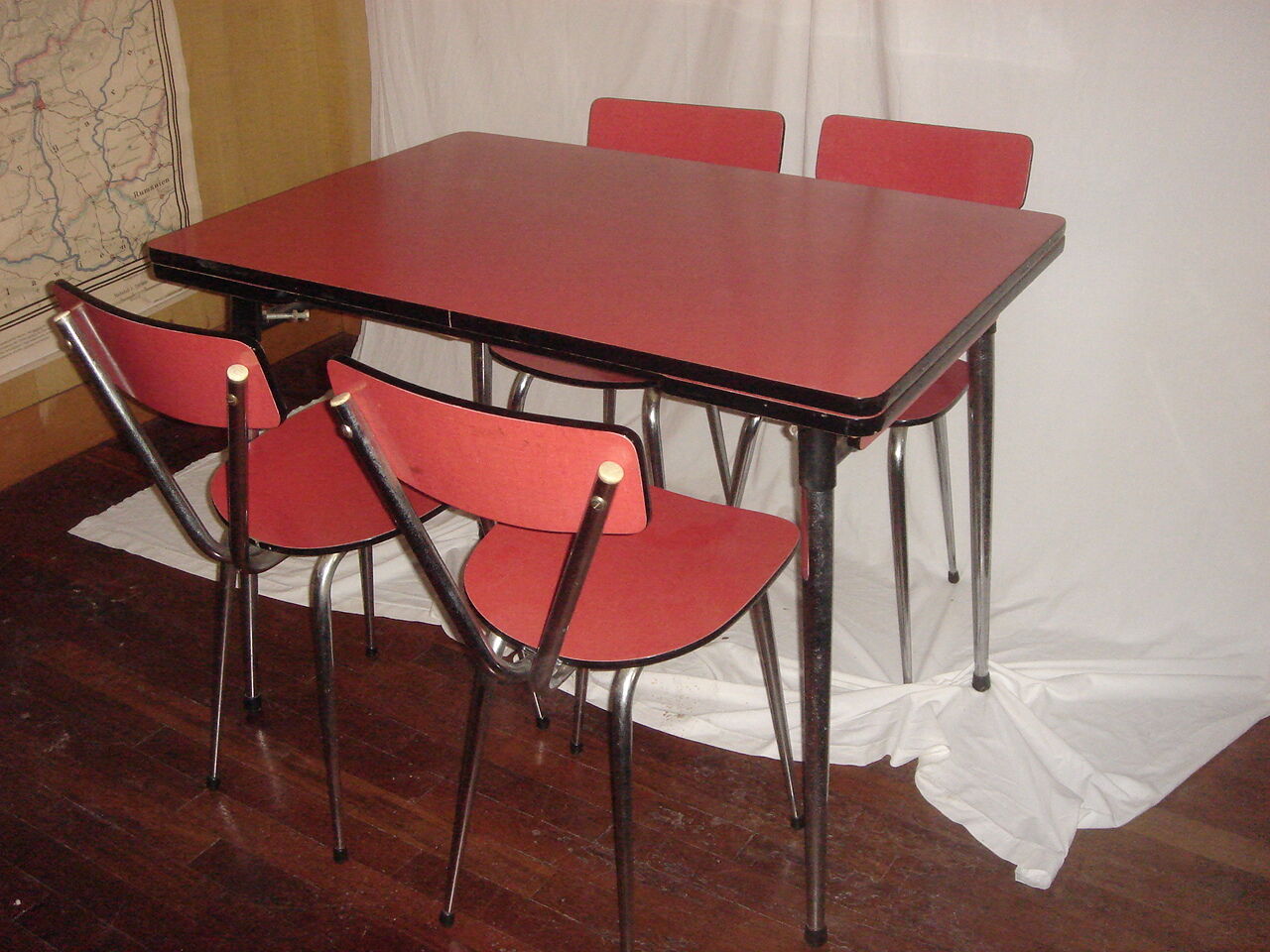 red formica table - 4 red formica chairs, 1960