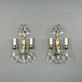 Pair of brass and crystal wall lights, 20th Century
