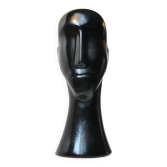 Modernist black ceramic sculpture – stylised head – 1960s
