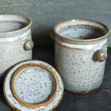Duo of potter's pots covered in vintage glazed stoneware