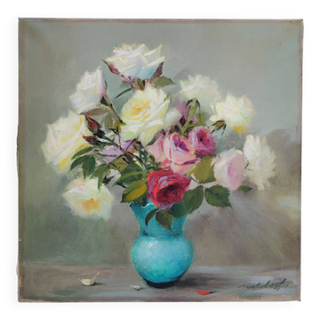 Huile sur toile  Bouquet de roses  signé Robert