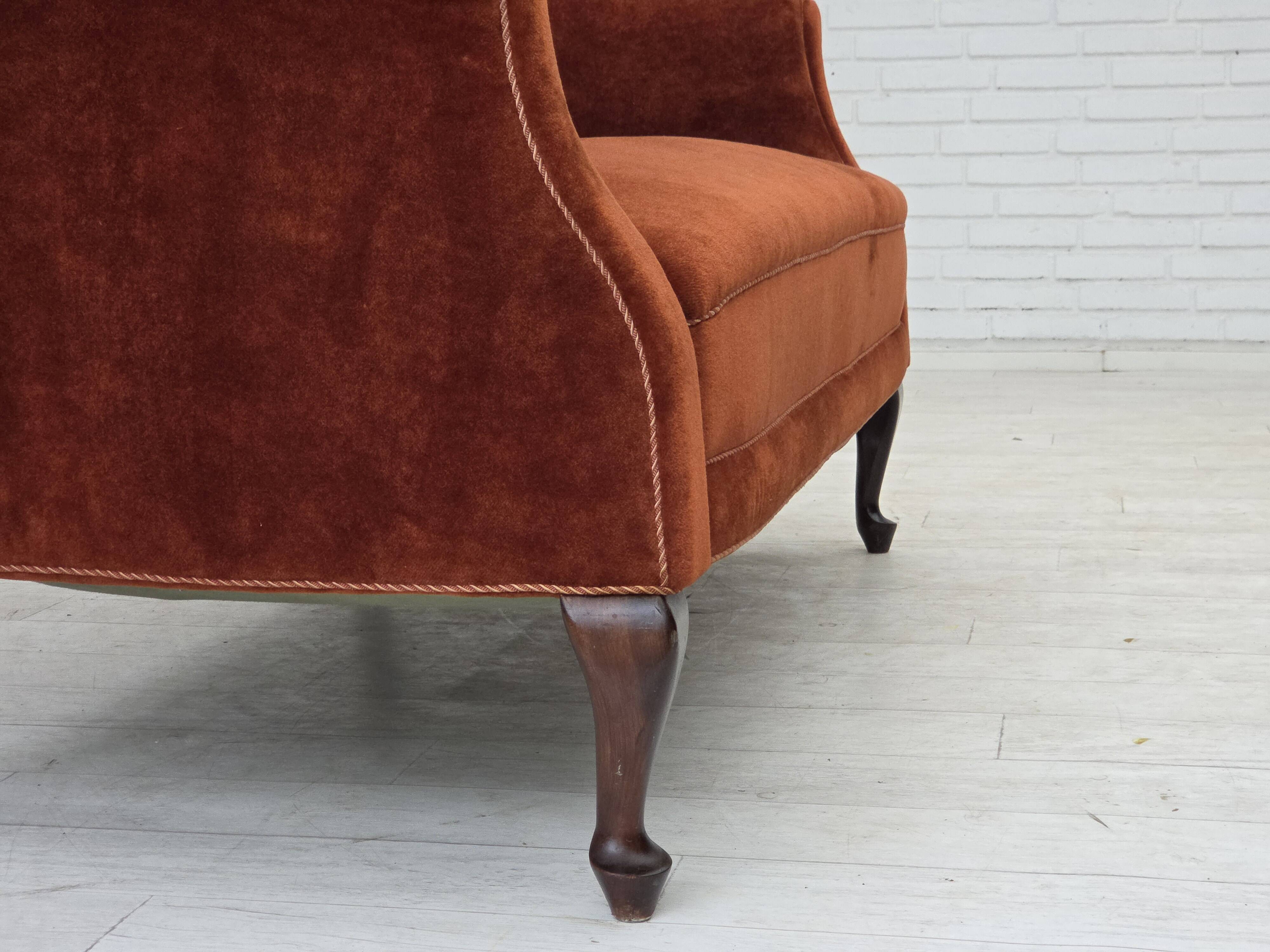 1950s, Danish 2-seater sofa, furniture velour, oak wood legs.