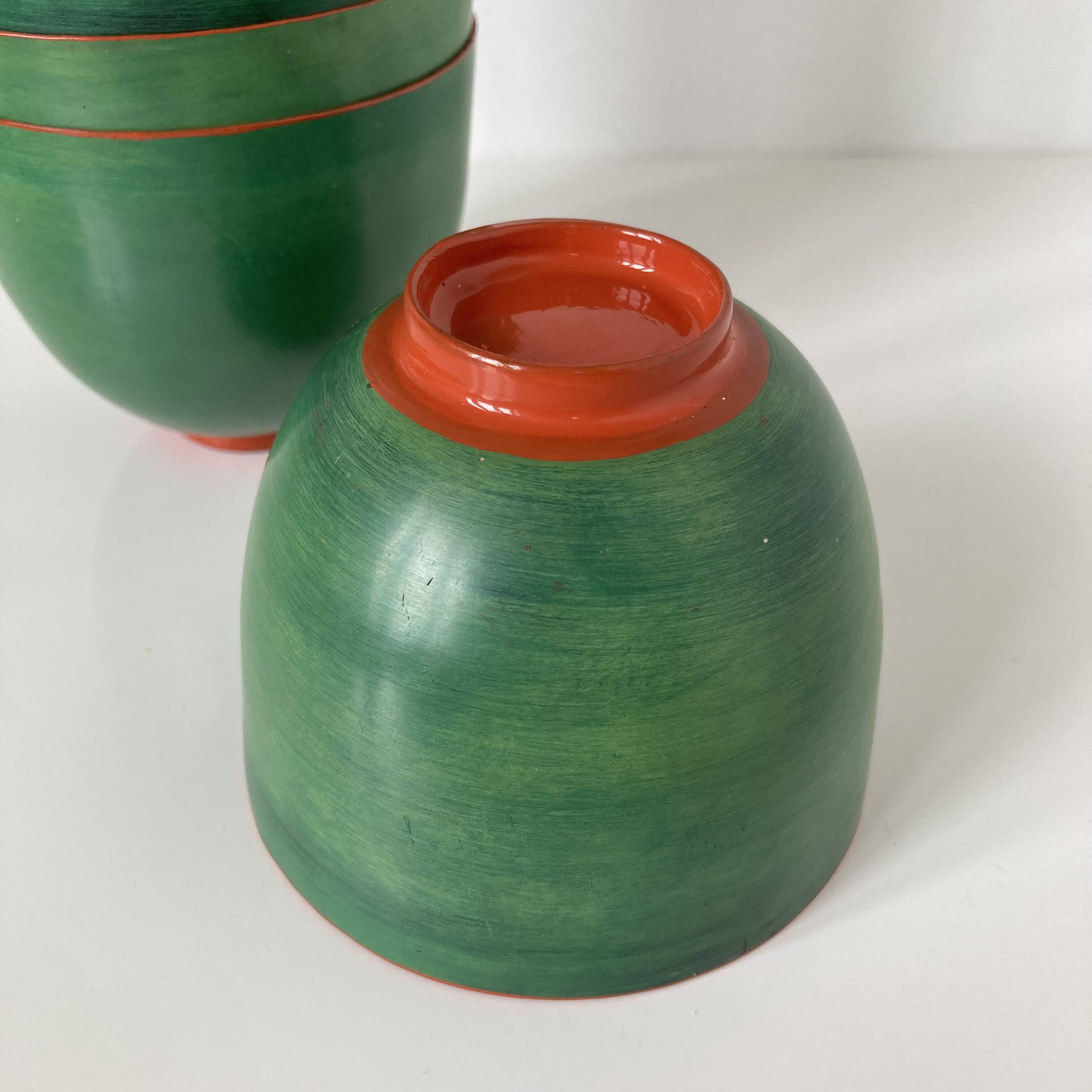 Set of ten vintage Burmese bowls made of lacquered bamboo wickerwork.