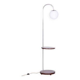 Restored Bauhaus Floor Lamp, New Electrification, Beech, Chrome, Czechia, 1930s