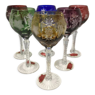 6 coloured crystal glasses Artisanat de Lorraine