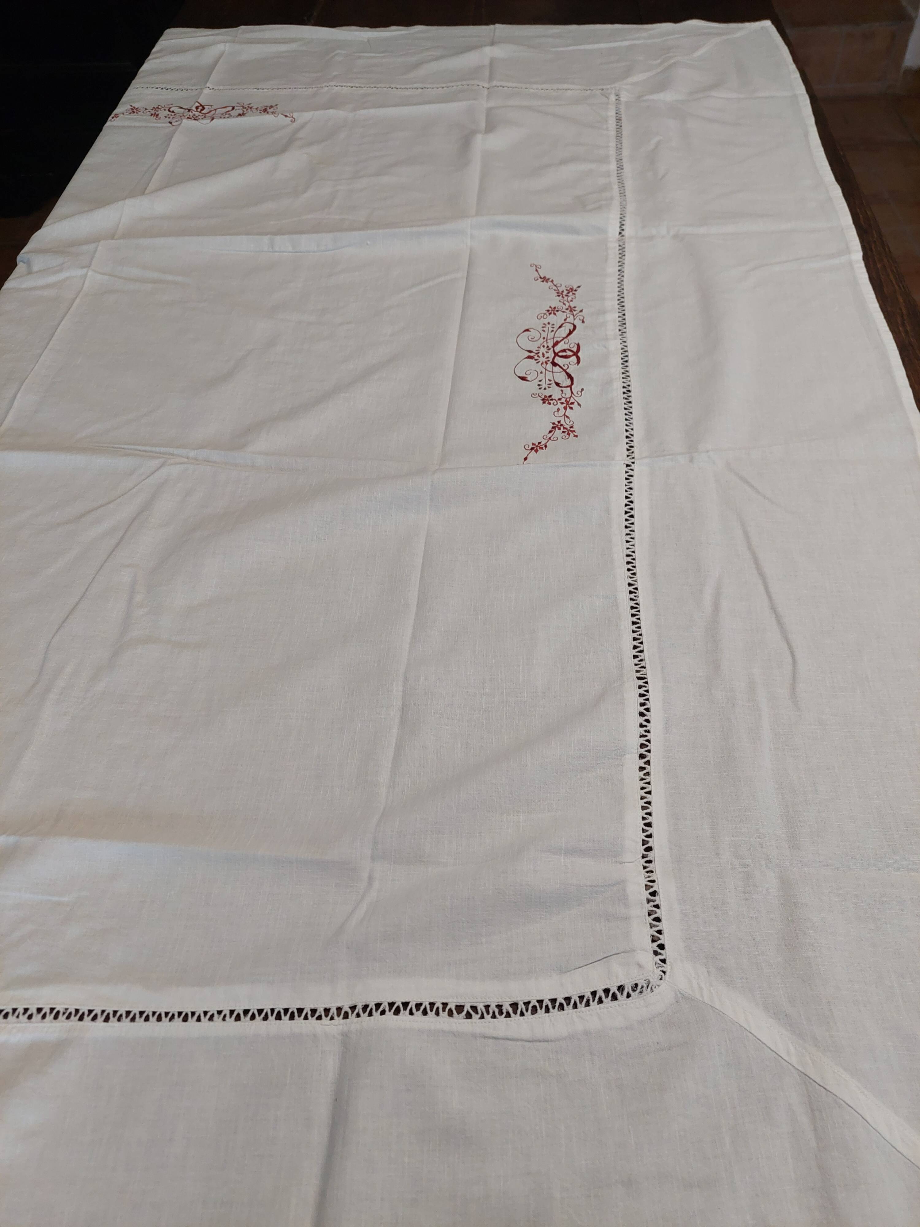 Antique white cotton tablecloth with red embroidery 135 x 145 cm