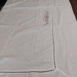 Antique white cotton tablecloth with red embroidery 135 x 145 cm