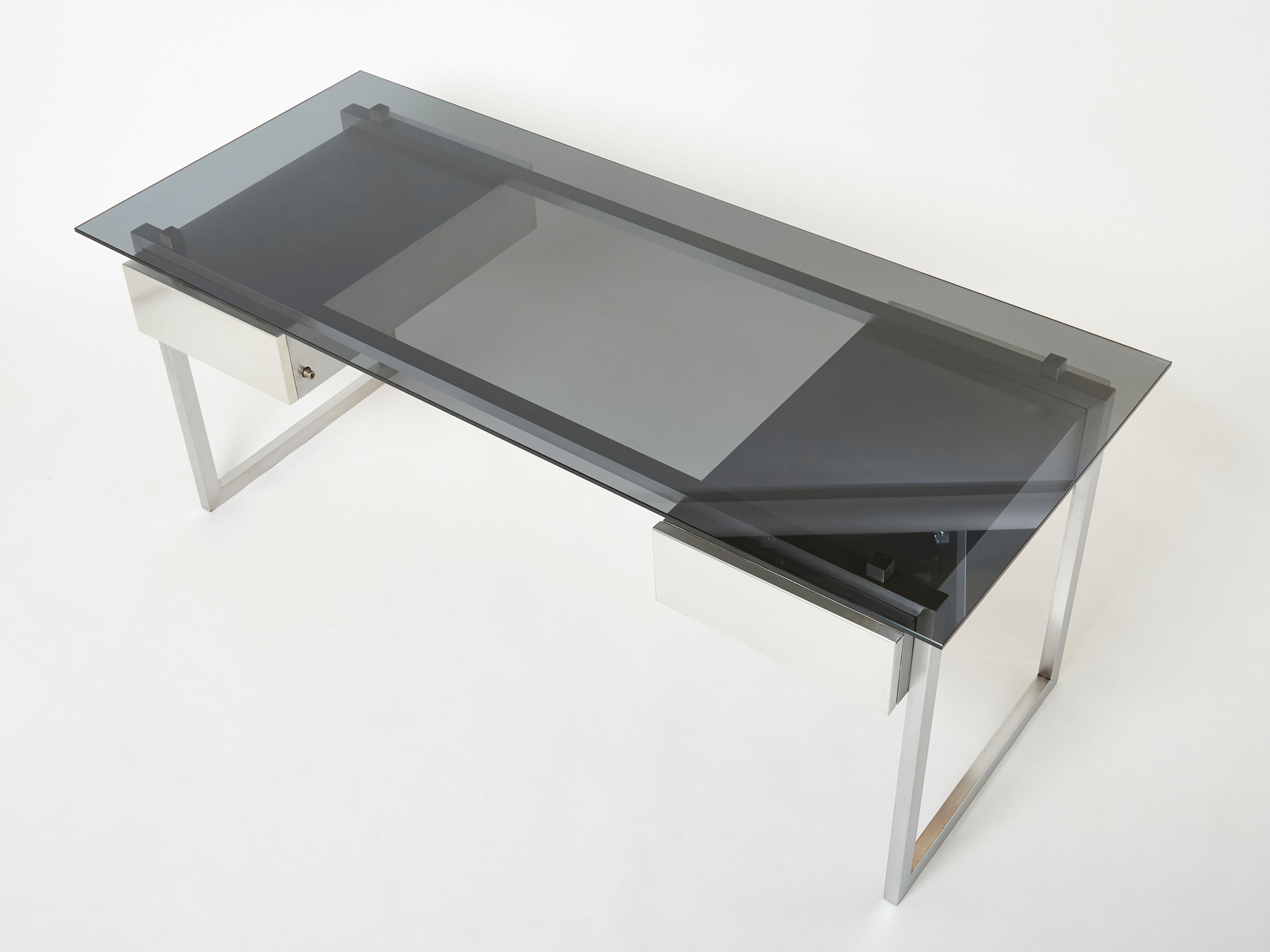 Desk stainless steel brushed gray smoked glass by Patrice Maffei for Kappa 1970