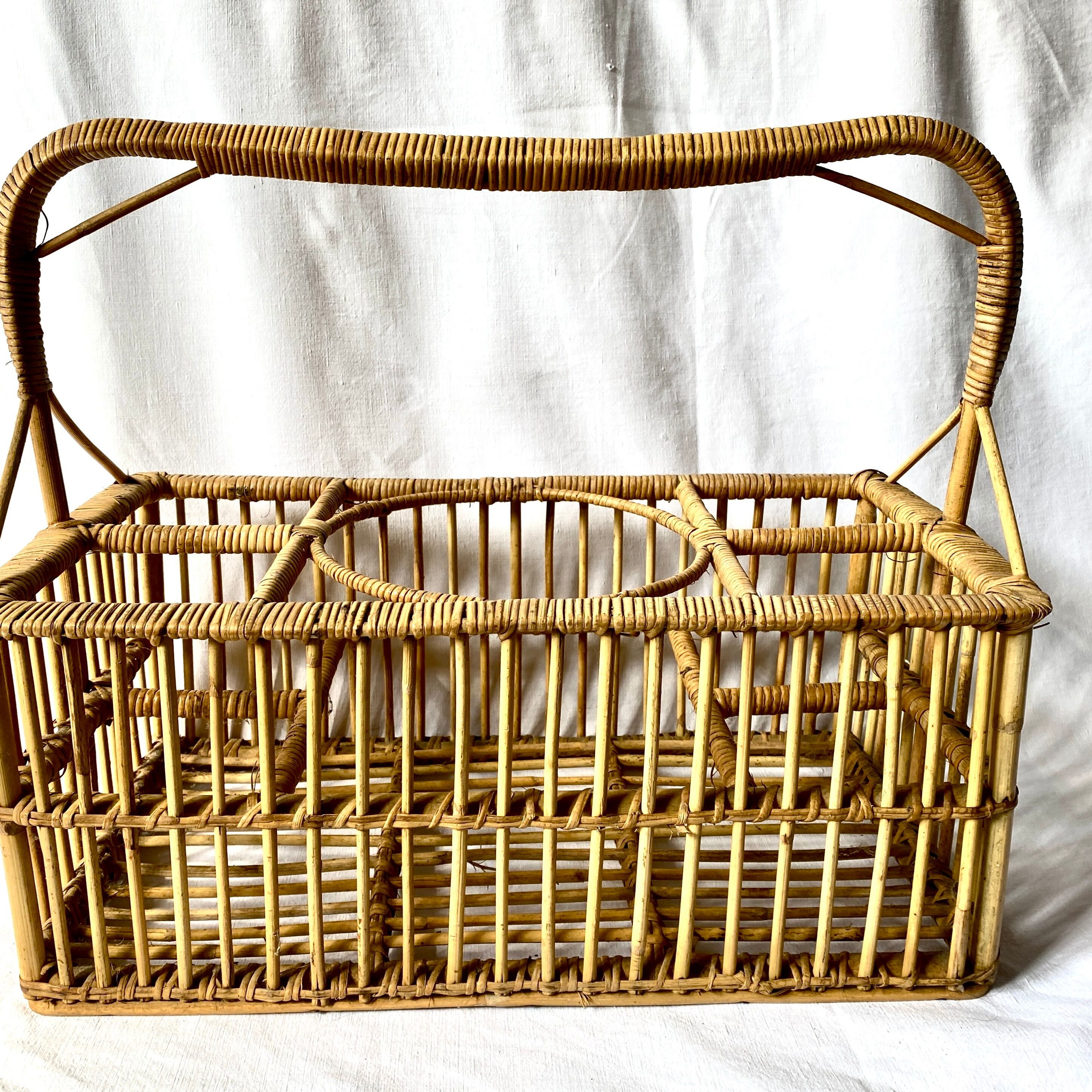 Vintage rattan bottle rack basket