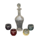 Liqueur carafe, or aperitif, carved with floral decoration in transparent glass and 4 polka dot glasses