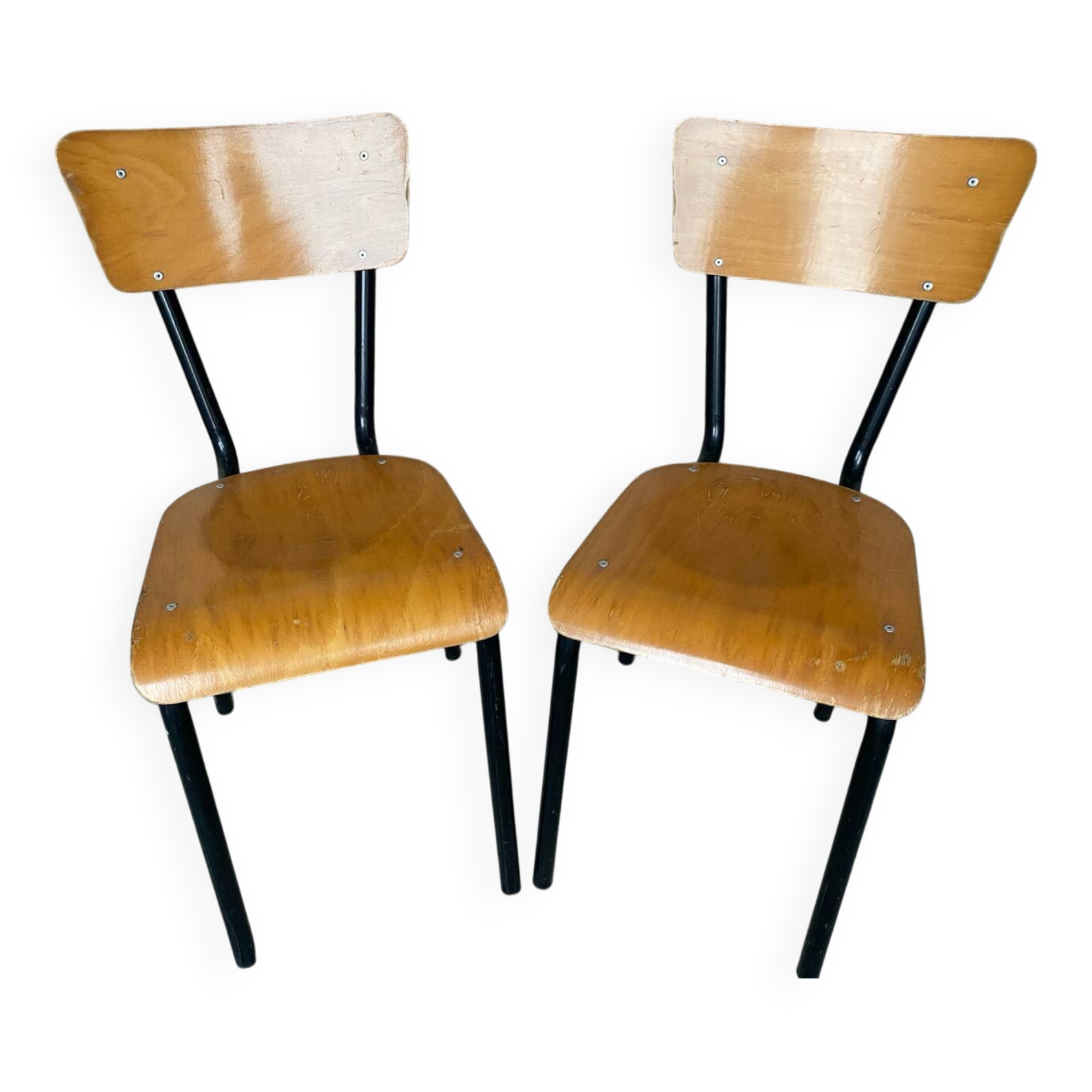 Pair of antique chairs in black metal + wooden seat & back