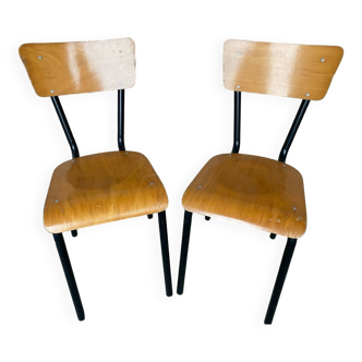 Pair of antique chairs in black metal + wooden seat & back