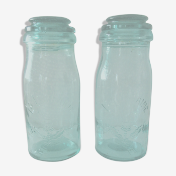 Pair of old green blue jars La Lorraine