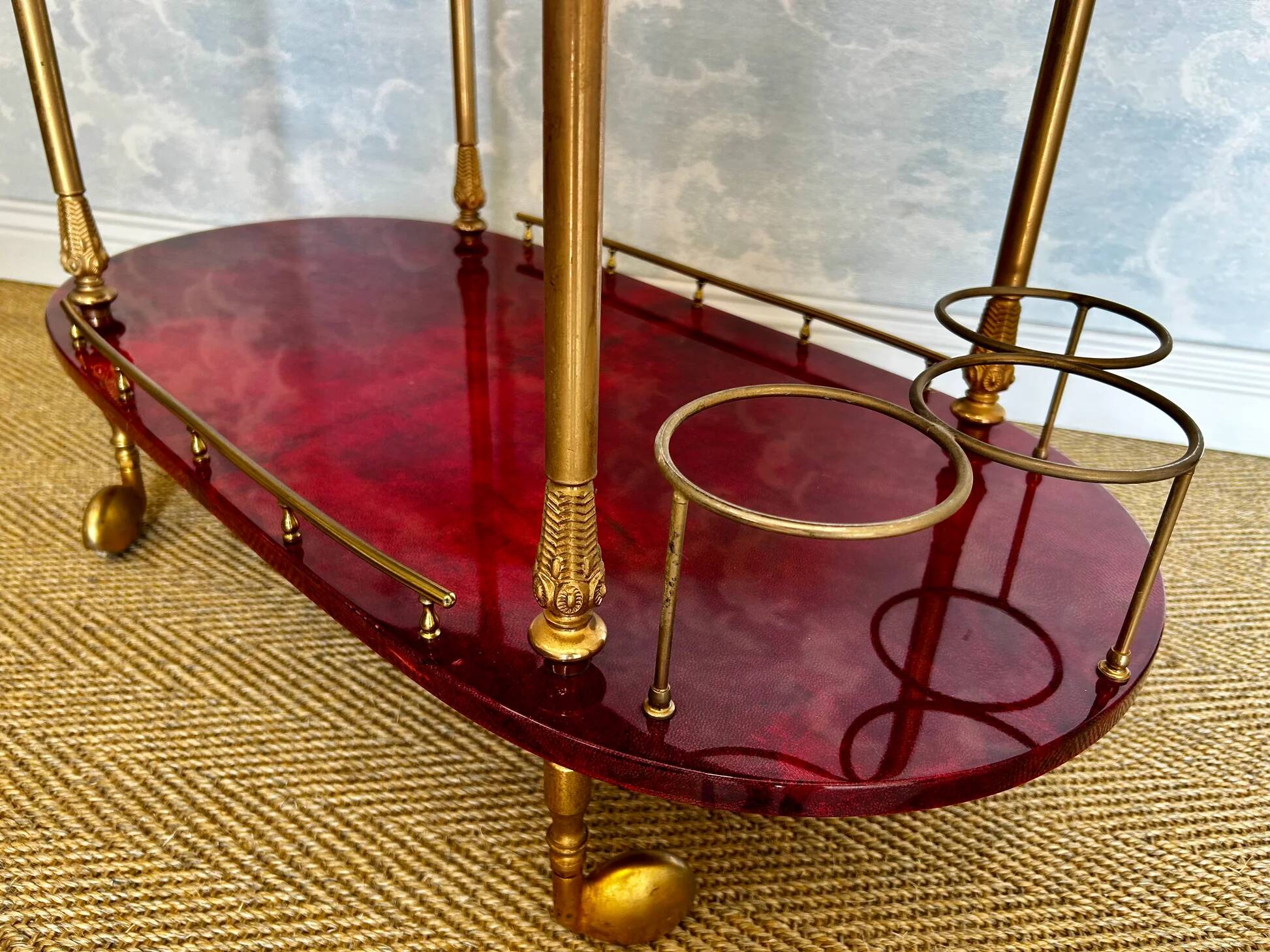 Cherry-red bar cart by Aldo Tura, Italy, 1960s, Hollywood Regency