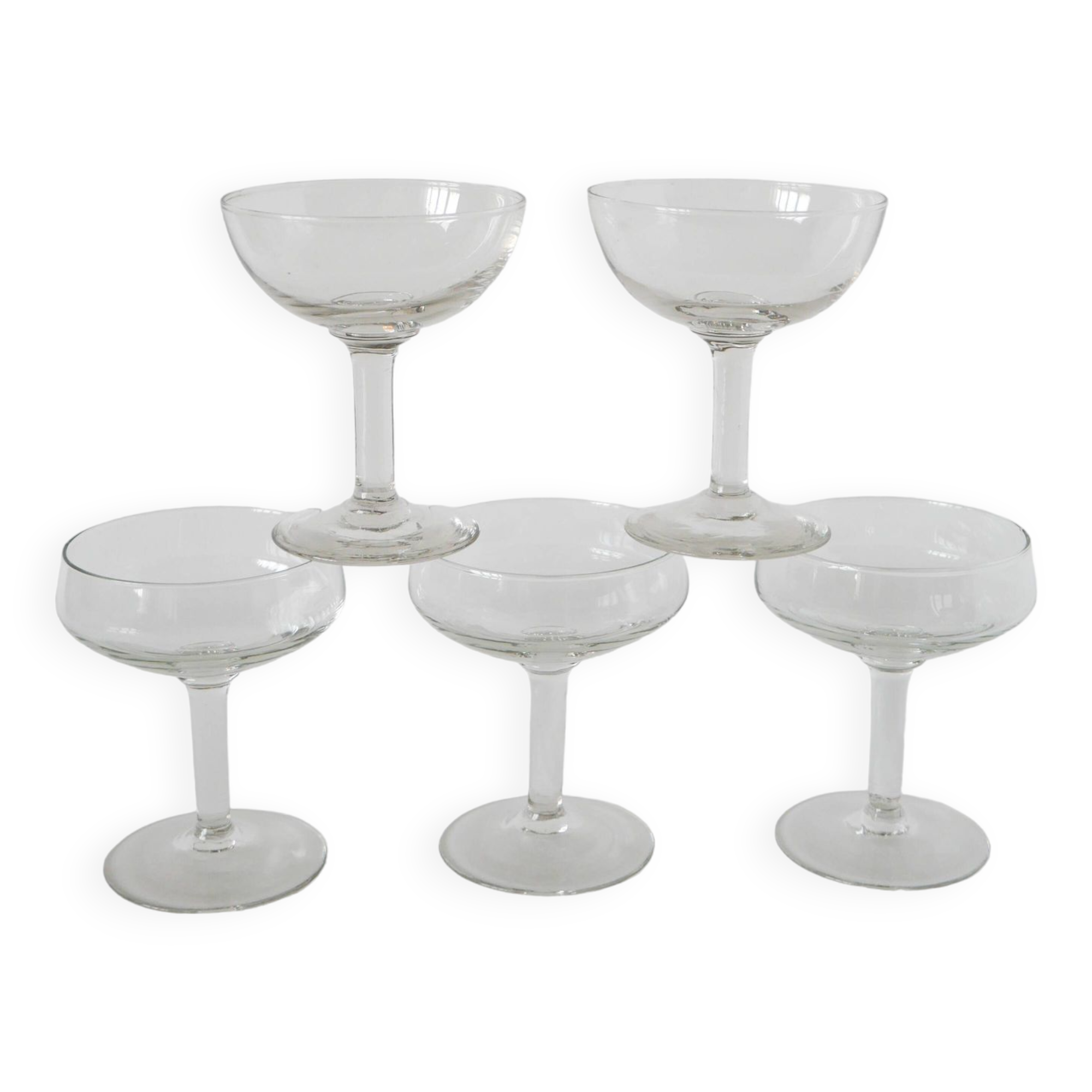 Magnificent set of 5 blown glass champagne glasses, early 20th century