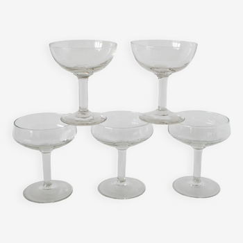 Magnificent set of 5 blown glass champagne glasses, early 20th century