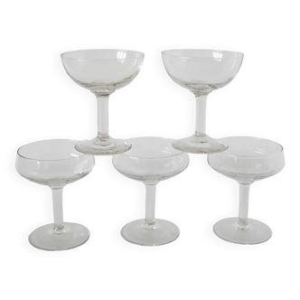 Magnificent set of 5 blown glass champagne glasses, early 20th century