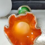 Vase à collerette en verre d"art soufflé vert et orange