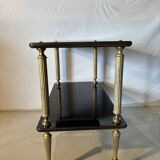Desserte vintage à roulettes, bois noir et montants en laiton
