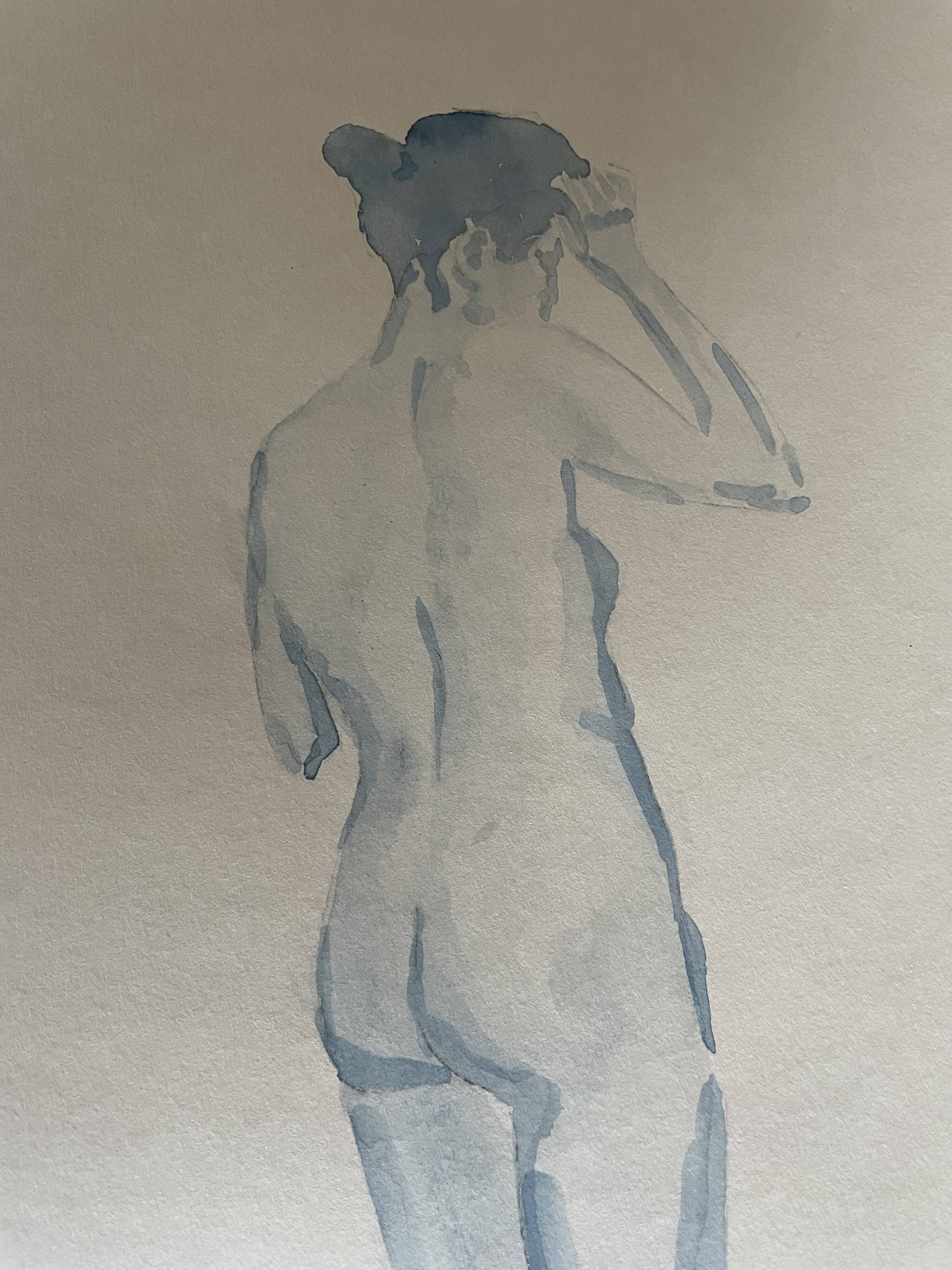 Blue watercolor painting signed female nude