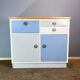 Kitchen cabinets, pastel blue and light gray, vintage from the 60s