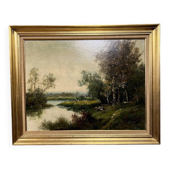 Barbizon School by C. Lion (19th): Painting representing a lively riverside around 1880 (B)