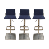 3 Tabourets de bar en metal chromé et velours