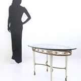 Table basse en laiton avec plateau en verre ovale dans le style de Pierluigi Colli, Italie