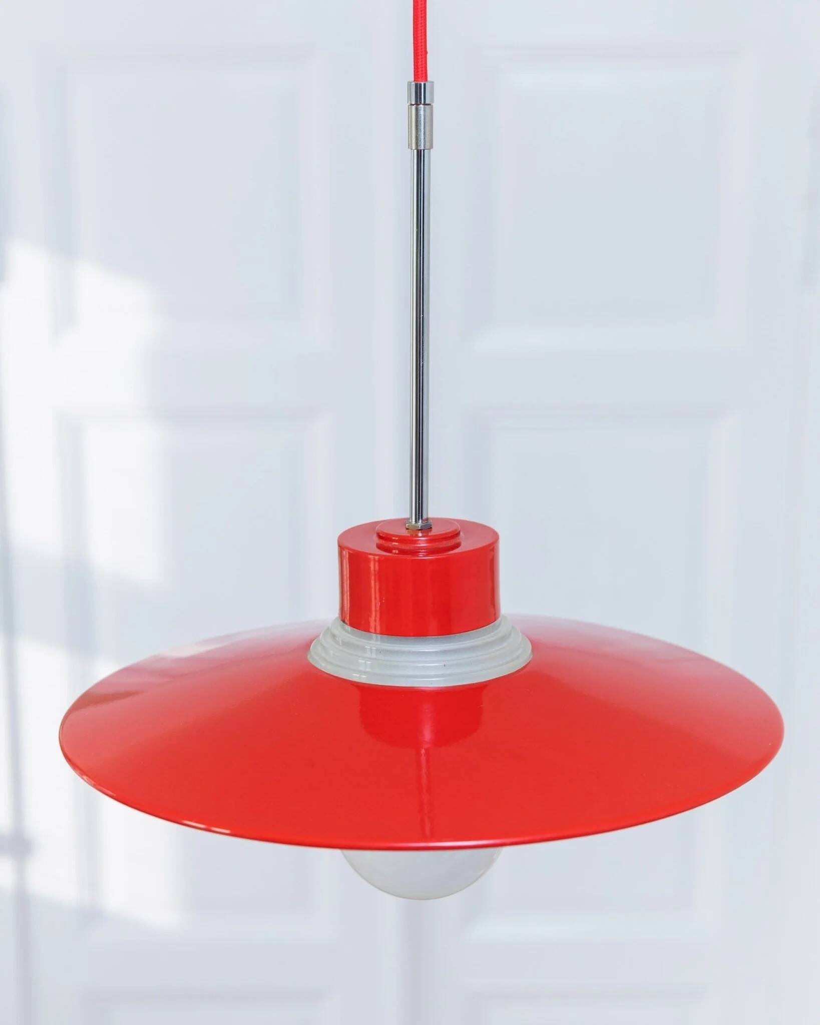 Red metal and glass Danish ceiling light, mid-century Memphis-inspired pendant with opal globe