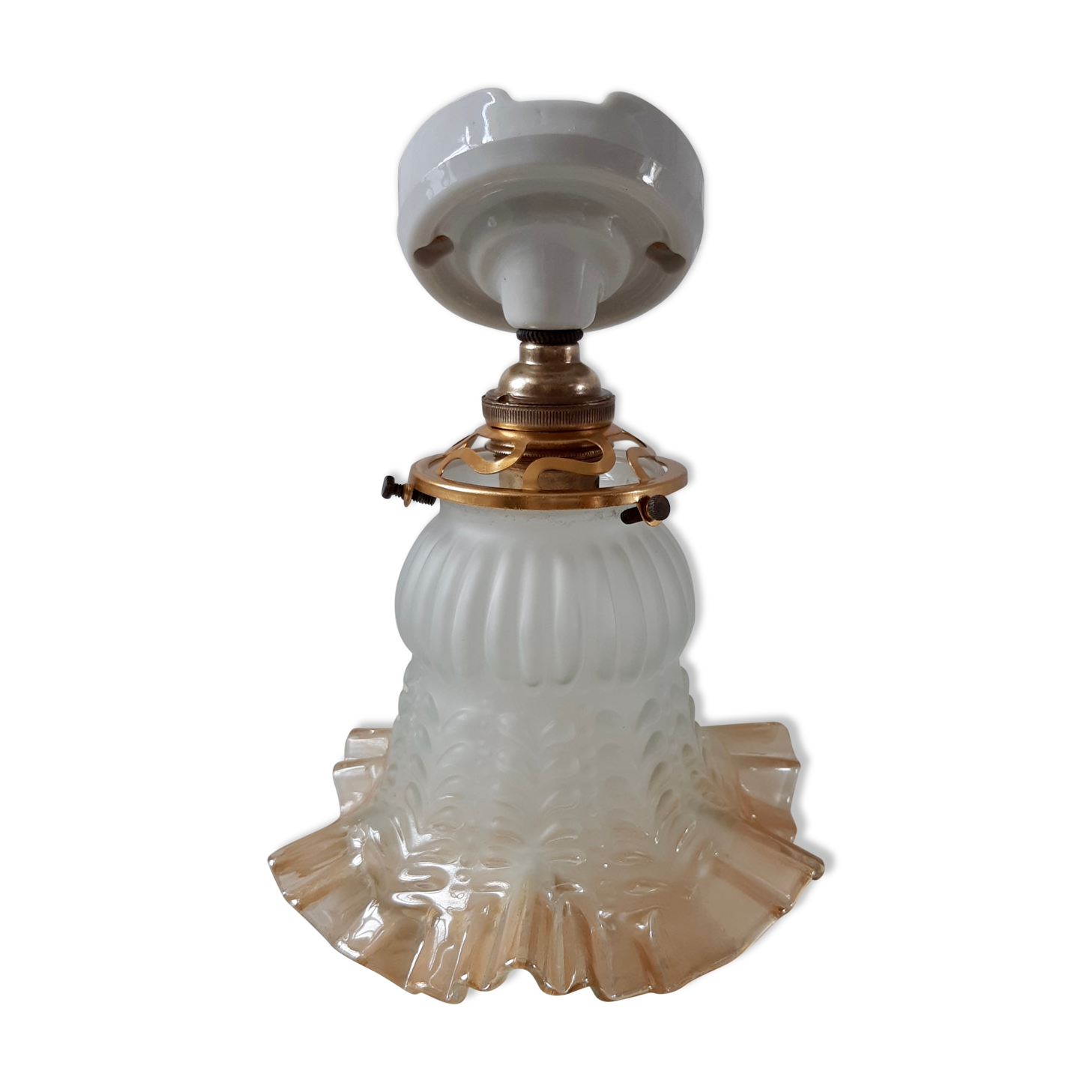 Glass tulip bathroom wall lamp and white porcelain base early XXth