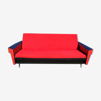 Vintage sofa 3 places convertible, red fabric and black skaï.1960s.