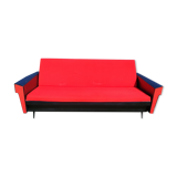 Vintage sofa 3 places convertible, red fabric and black skaï.1960s.