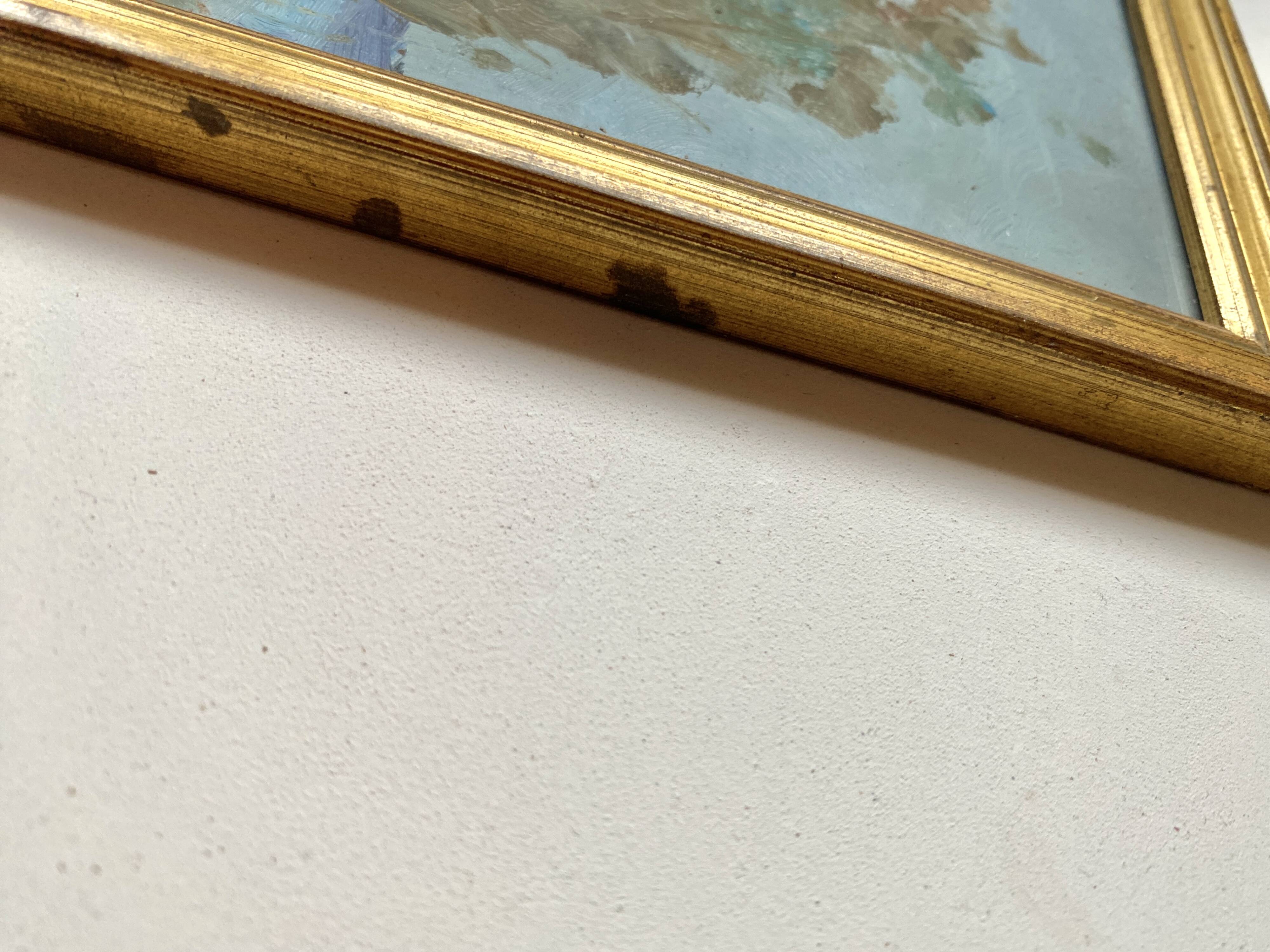 Huile 1950 mise sous verr, cadre bois doré