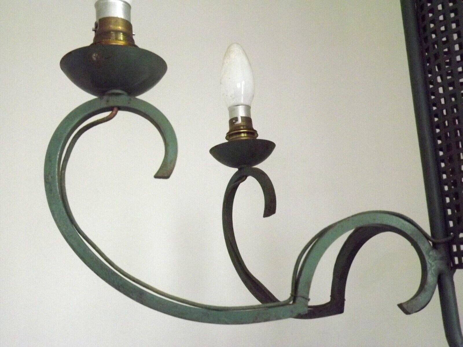 Green iron 4 light chandelier with scrolled arms