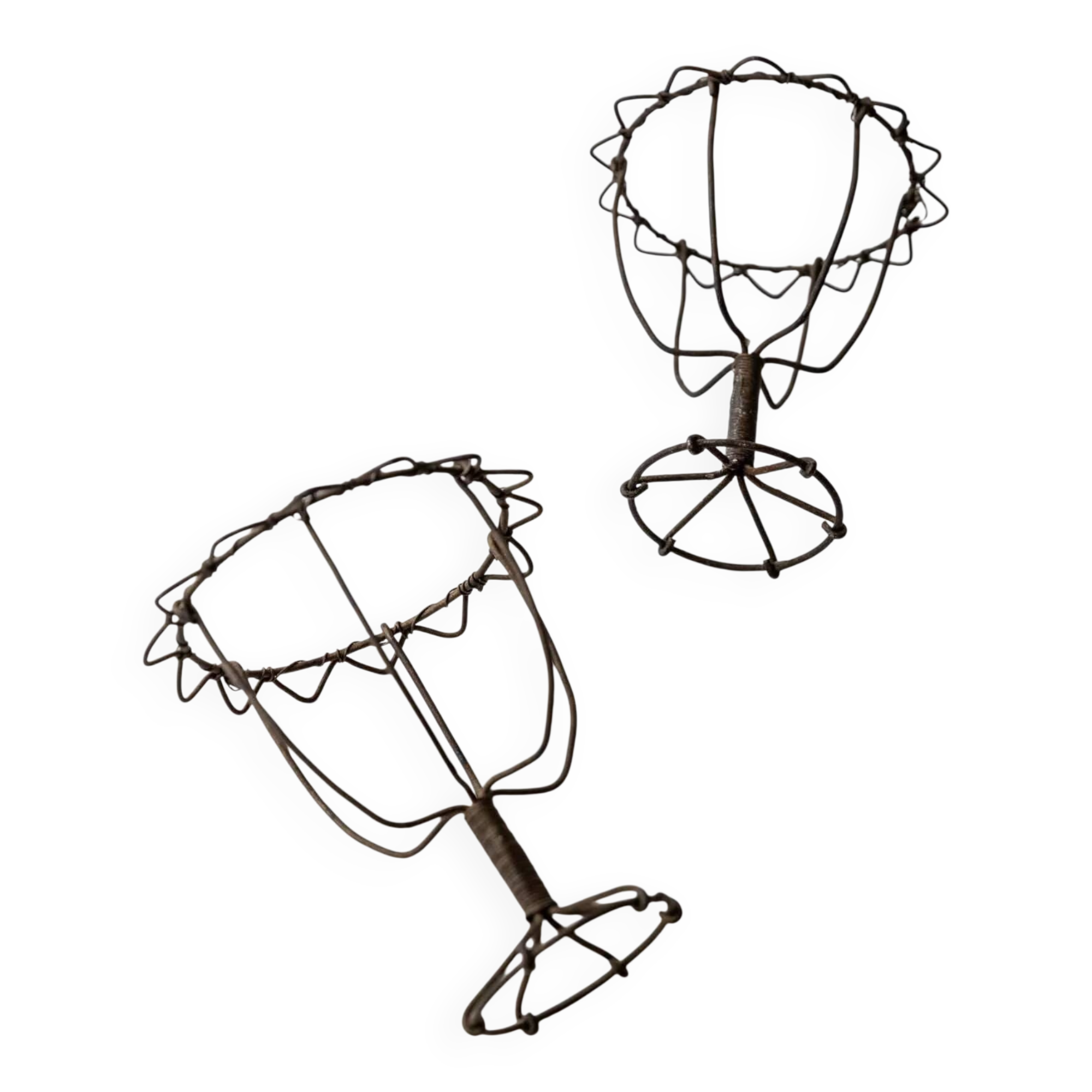 Lot of 2 antique wire candlesticks, 1850s.