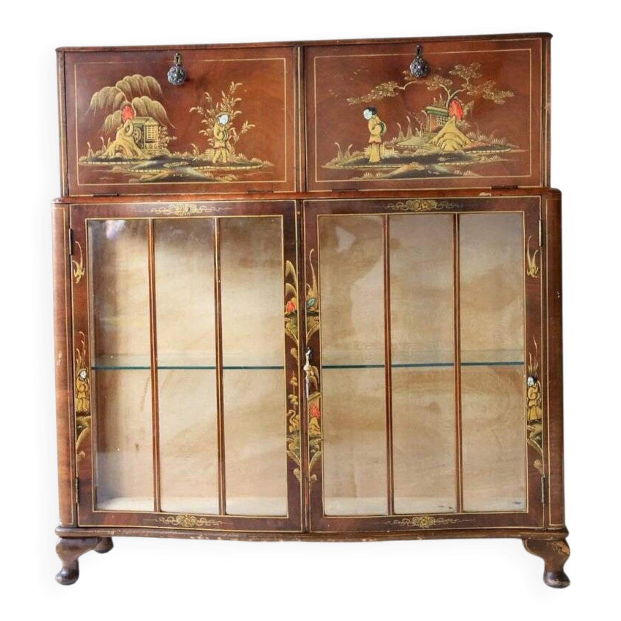 Cocktail bar furniture Tunbridge of London in brown and yellow wood, hand-painted, 1950s.